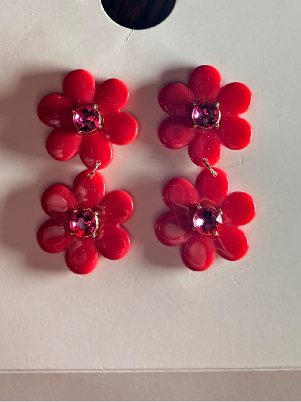 kate spade Red Double Floral Drop Earrings with Pink Crystal Centers